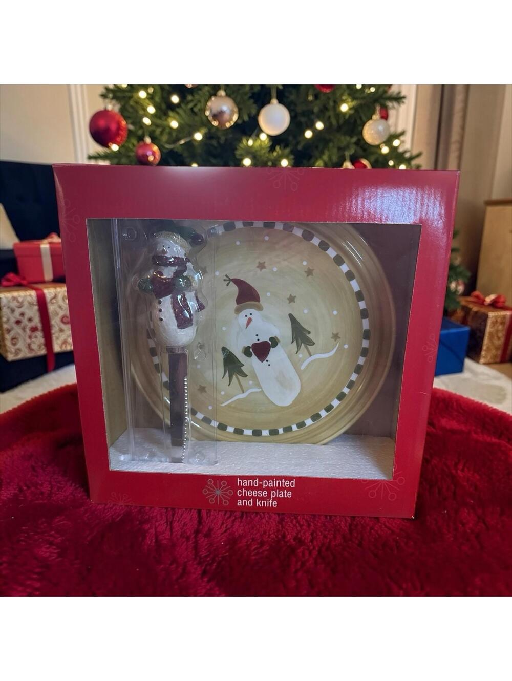 Kohl's Hand-Painted Ceramic Christmas Snowman Cheese Plate & Knife SET NIB